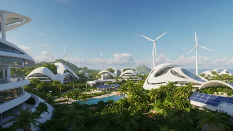 a sustainable future: an innovative architectural vision of eco-friendly buildings surrounded by lush greenery and wind energy technology