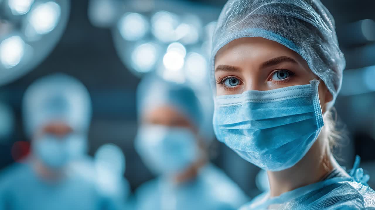 Focused Nurse in Scrubs and Mask in a Hospital Environment Ready for a Medical Procedure, Surrounded by Other Medical Professionals in Surgical Attire