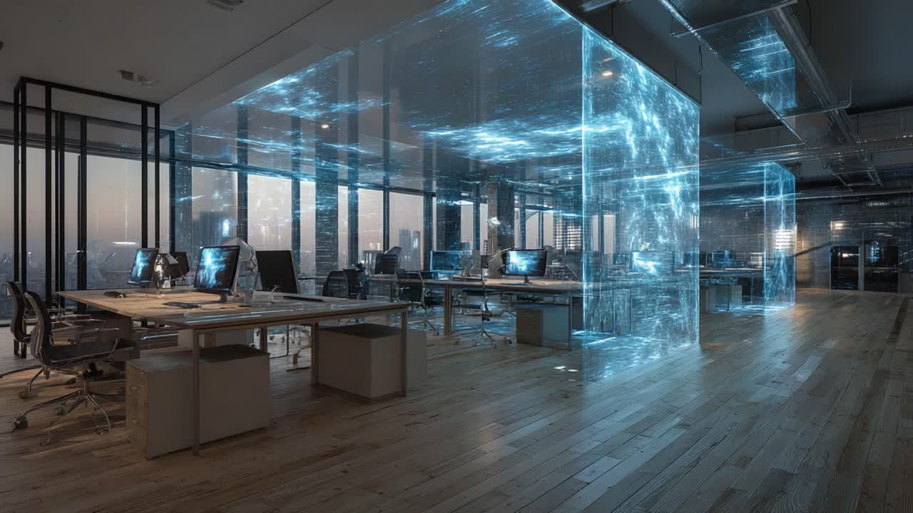 A Futuristic Office Environment Featuring Transparent Glass Walls with Digital Projections and Modern Workstations, Bathed in Soft Ambient Lighting