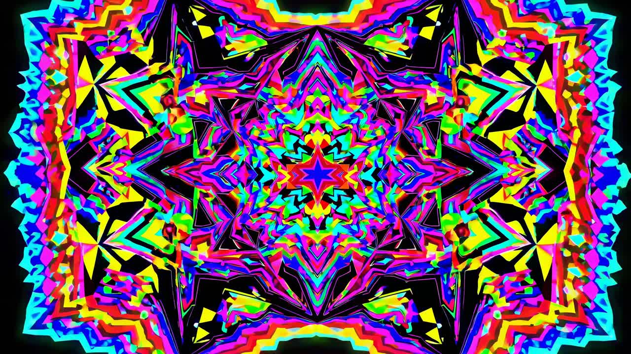 Motivo caleidoscopico psichedelico in colori neon vivaci, inquadratura dall'alto.