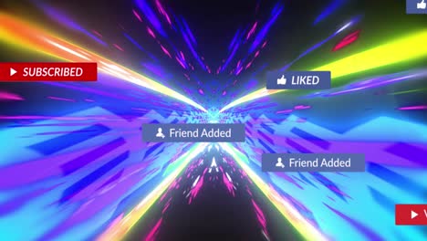 animación de iconos de redes sociales y texto en un fondo multicolor.
