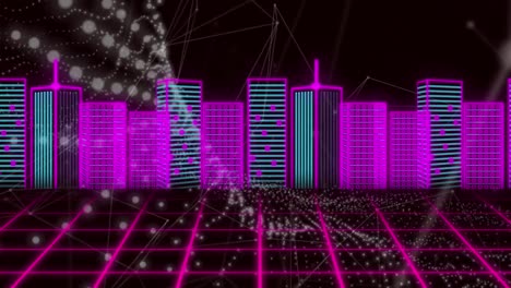 animation of 3d neon urban financial city on grids with network connecting dots on digital interface