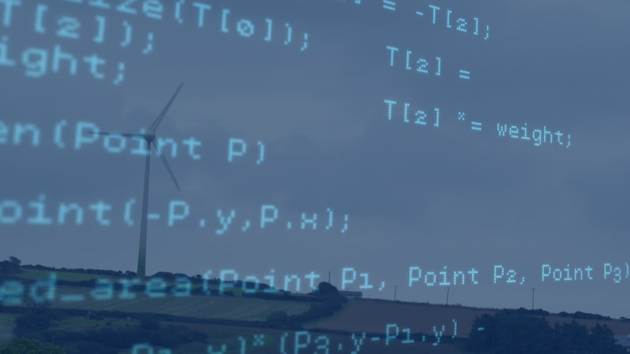 animación del procesamiento de datos sobre la turbina eólica y el cielo con nubes