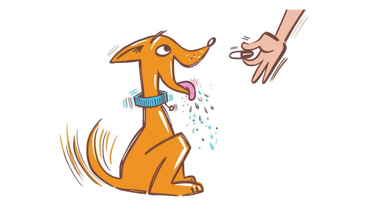 목걸이를 입은 행복한 개의 애니메이션, 앉아서 리를 흔들고