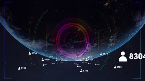 Animation-of-scope-scanning,-people's-icons-and-data-processing-over-globe