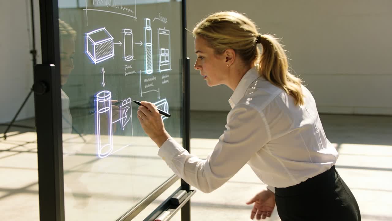 Leaning forward, woman white shirt sketching plan with stylus on glass board at office, copy space