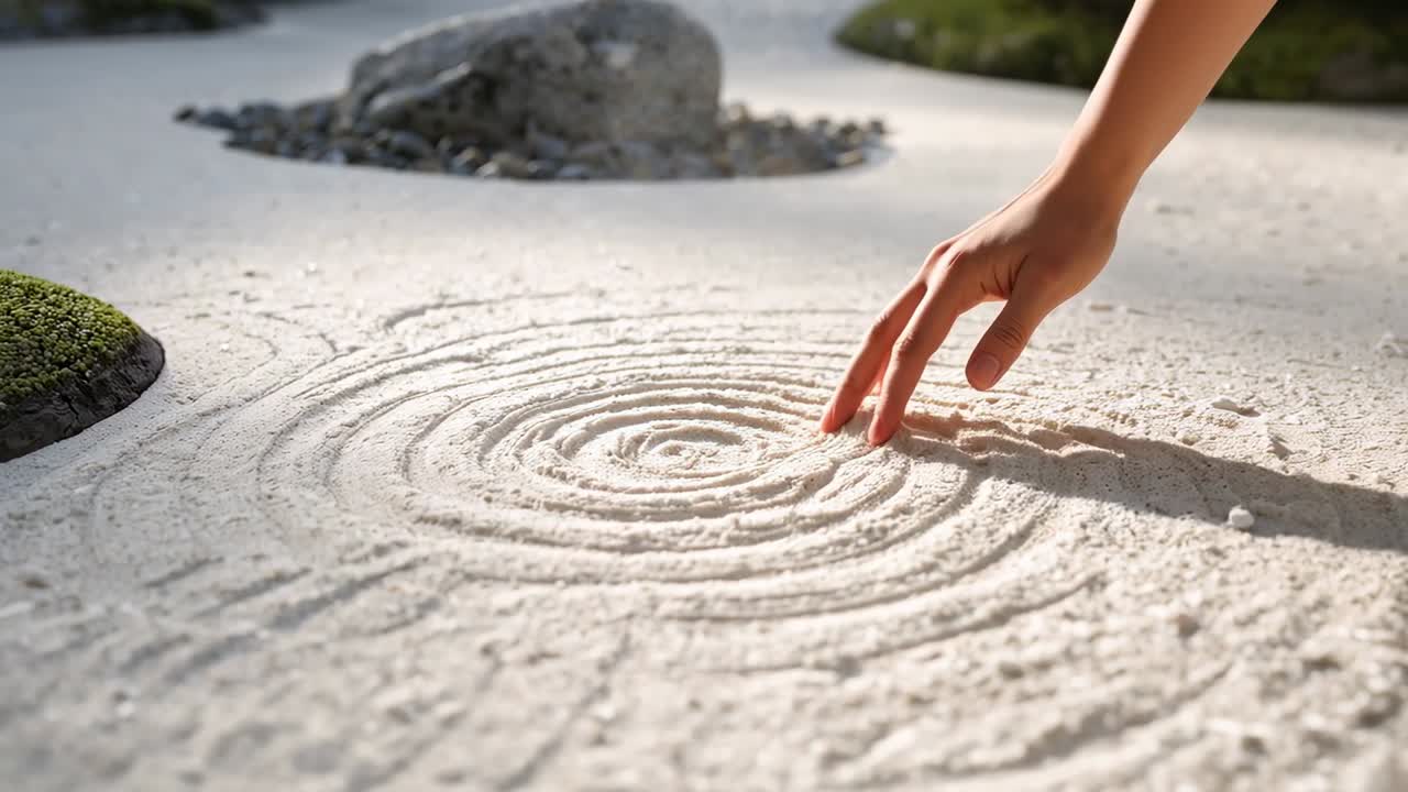 Main droite abaissée, le bout du doigt enfoncé dans le sable ratissé d’un jardin zen, approfondissant les rainures concentriques