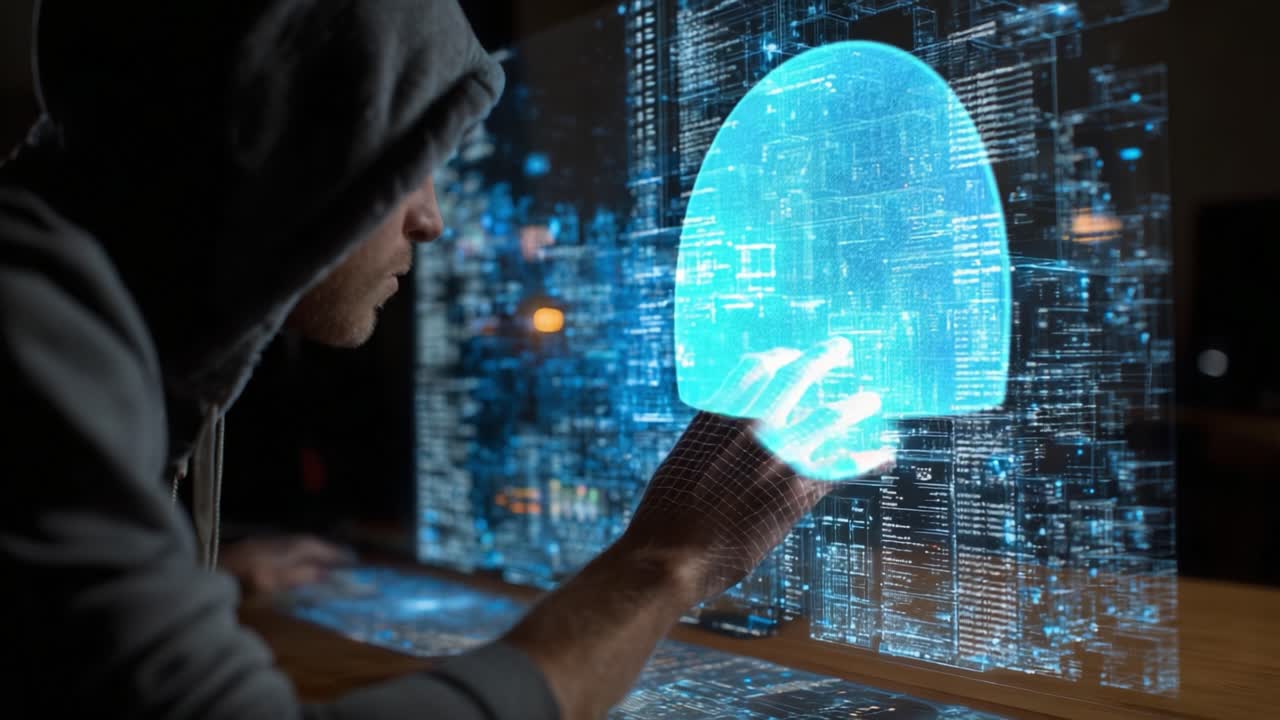 A futuristic scene depicting a person in a hooded sweatshirt interacting with a holographic interface, manipulating digital data streams and graphical elements in a visually striking technological environment