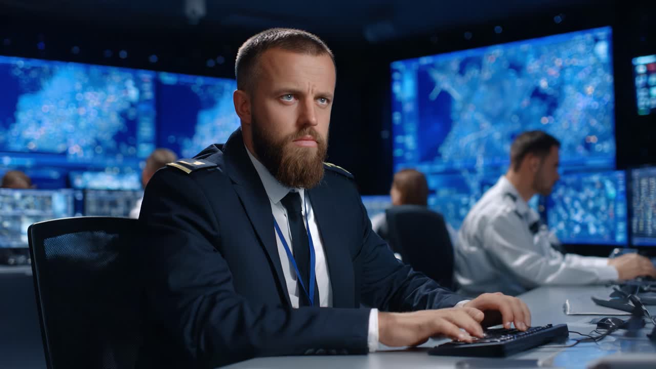 Focused Analyst in Control Room: A Dedicated Professional Working with High-Tech Displays to Ensure Efficient Operations and Monitor Critical Data in a Modern Command Center