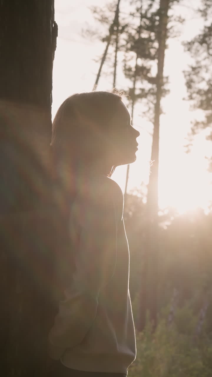 la silueta de la dama descansa junto al árbol al atardecer. la joven se apoya en la corteza del árbol arrepentida del divorcio rodeada de árboles densos. pasatiempo en la naturaleza para encontrar la paz interior