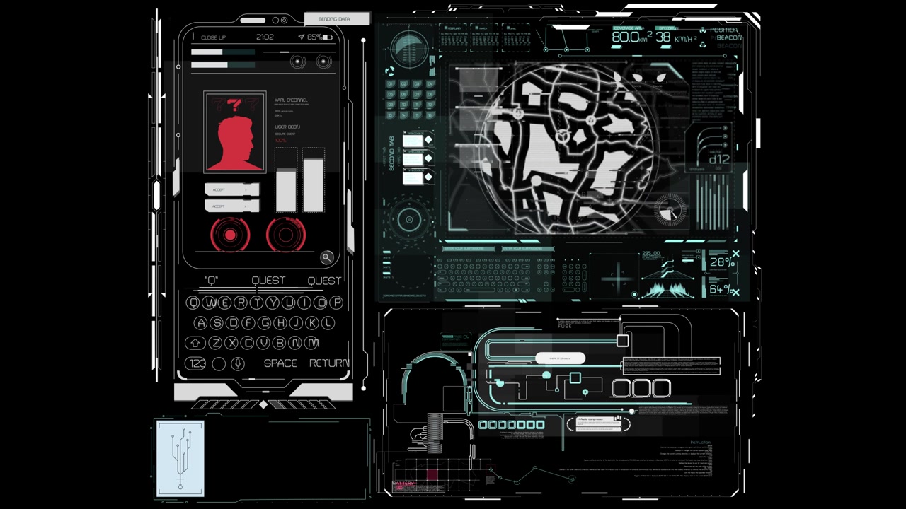 Animated Futuristic HUD Interface Displaying Complex Data and Map