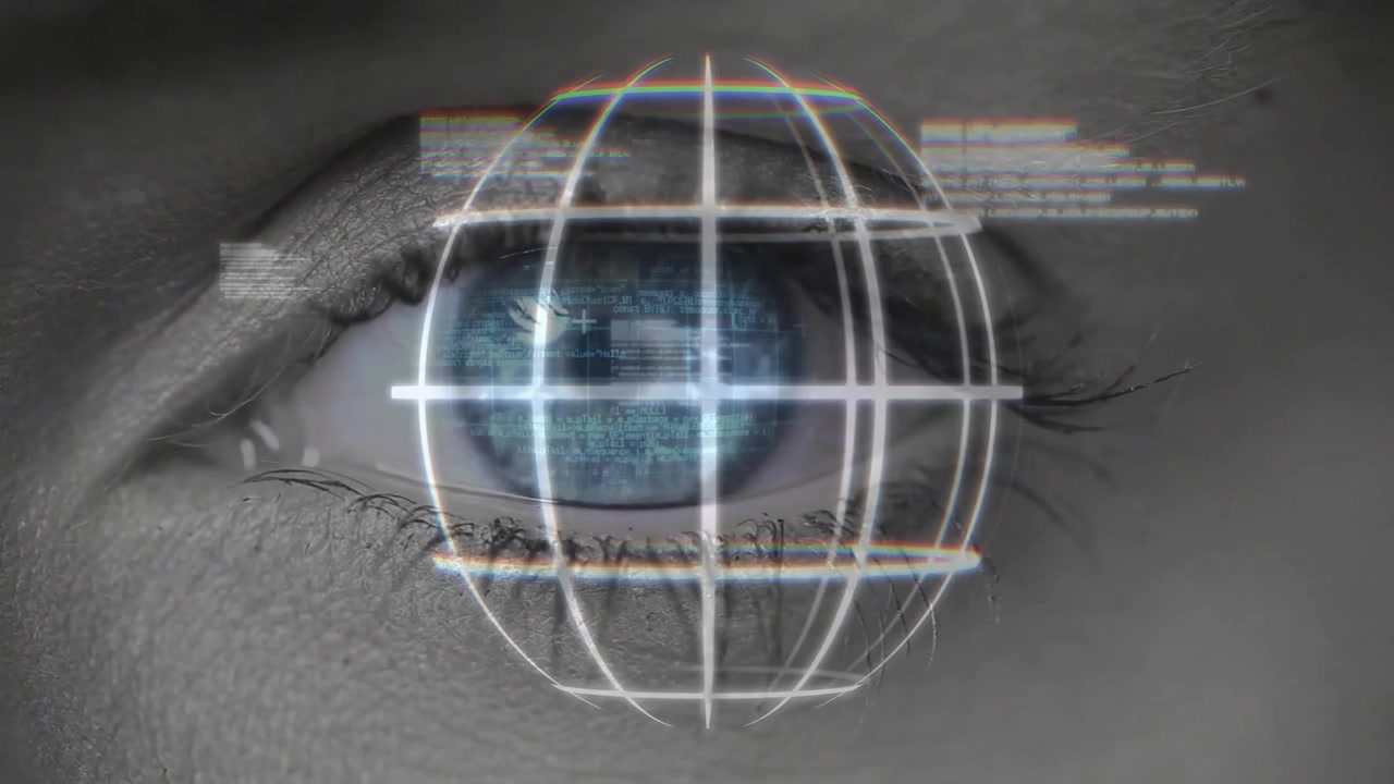 Closed eyelid initiating 3D wireframe globe hovering over iris while code fragments scanning data