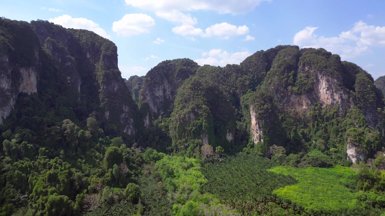 Tayland, Krabi'de yüksek kireçtaşı dağlarının altında vadi tabanını kaplayan gür yeşil orman. Mükemmel havadan görünüm uçuş hız rampası Hyperlapse motionlapse timelapse
