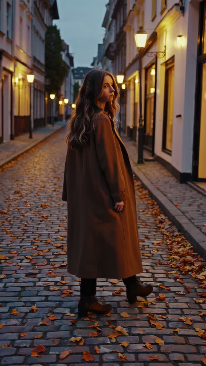 Woman walking on a cobblestone street with autumn leaves at dusk