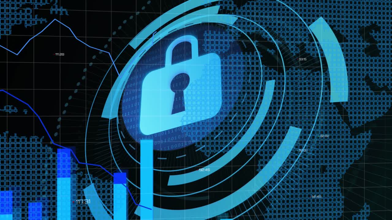 animación de escaneo de alcance con icono de candado y gráfico sobre mapa del mundo en fondo negro