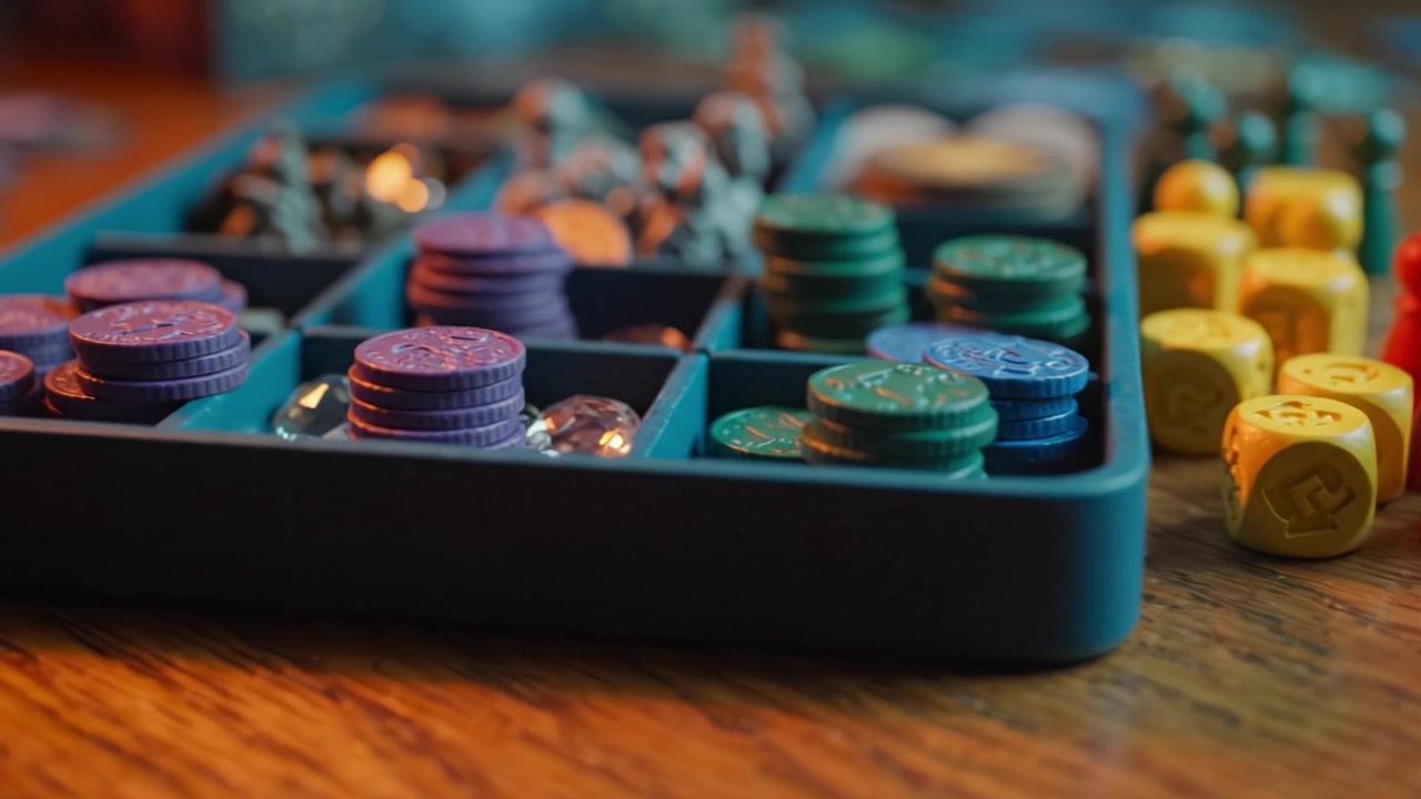 Colorful Component Assembly in Board Gaming: An Engaging Display of Tokens, Pawns, and Resources on a Wooden Table, Captivating Players' Attention