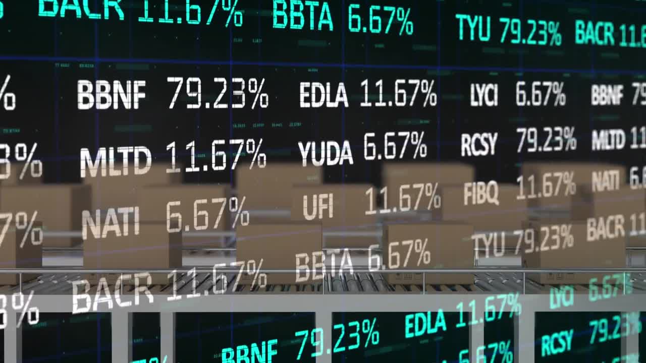 Animazione di elaborazione di dati finanziari su scatole su nastri trasportatori.