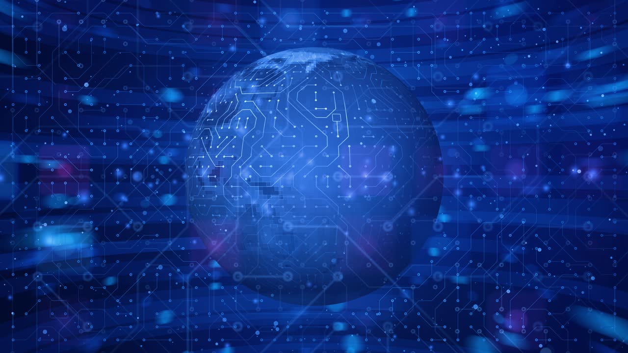 Digital world: planet earth with glowing circuit board lines, zooming into blue tech background, abstract electronic data system, cloud computing artificial intelligence and global data flow