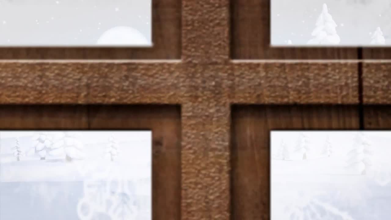 창문 을 통해 볼 수 있는 겨울 풍경 과 산타 슬레이 의 애니메이션