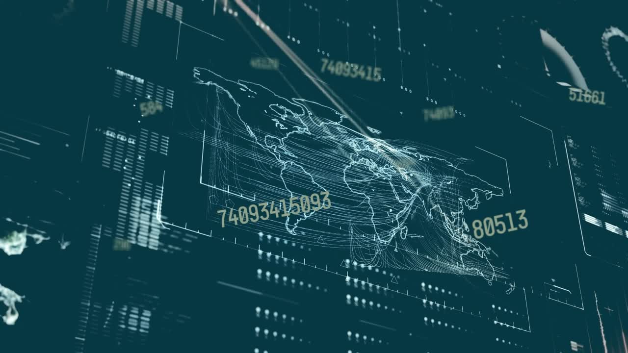 Animation of data processing and mathematical equations over blue background