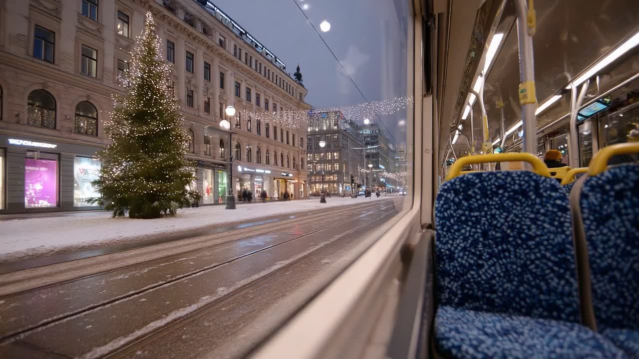 A Winter Evening View from a Tram, Showcasing Street Decorated with Lights, Snow-Covered Trees, and Holiday Atmosphere in an Urban Setting