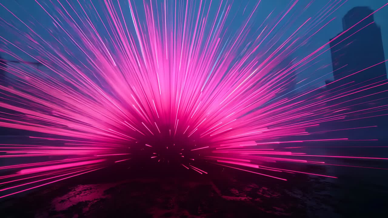 Emerging central neon pink energy core expanding beams across wet city street, casting reflections