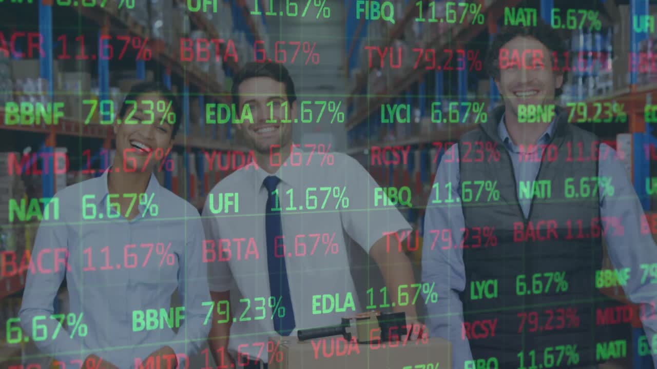 Animation of financial data processing over men and woman working in warehouse
