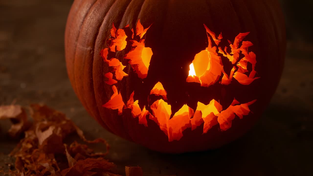 Lighting candle inside carved pumpkin on workshop table, illuminating curled shavings, jagged grin