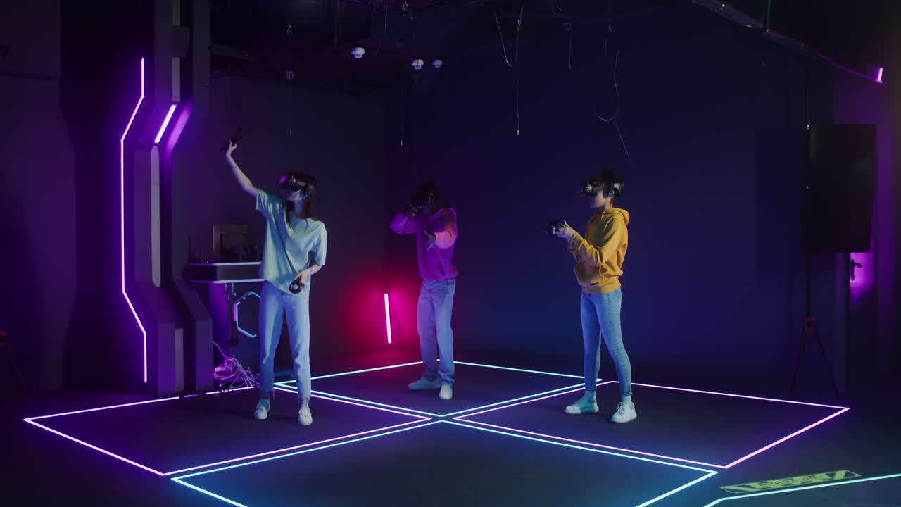 People experiencing virtual reality in a modern, immersive environment