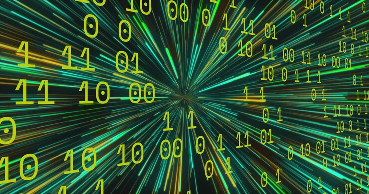 Point brightening sparking binary digits streaming into tunnel, streaks pulsing for data flow