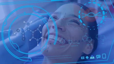 animation of interface over happy caucasian female patient preparing for facial beauty surgery