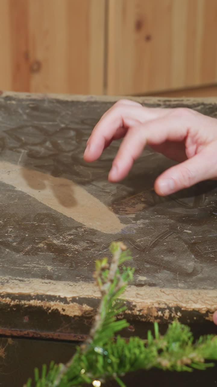 Primer plano de una mujer blanca trazando una mesa polvorienta; un delicado dedo con anillos explora la superficie de madera desgastada junto a una rama de pino; un gesto nostálgico y lento revela patrones tenues en el polvo; una luz ambiental cálida evoca