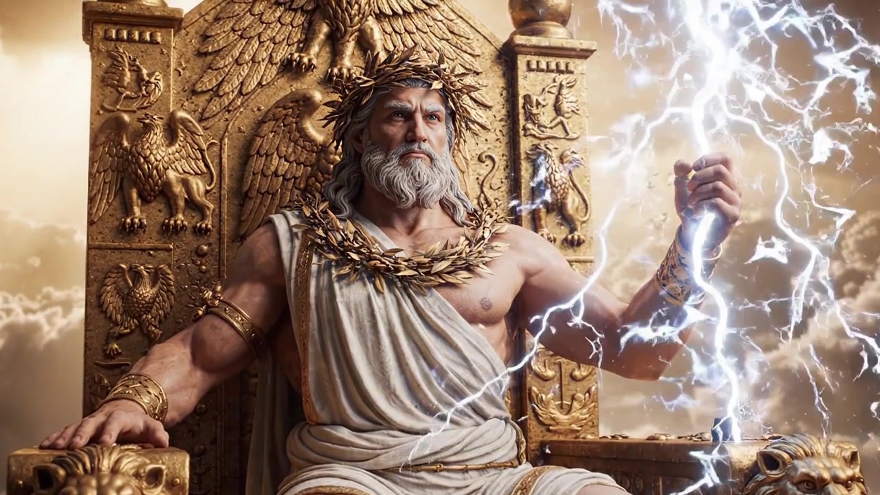 Eine majestätische Figur sitzt auf einem Thron mit einem goldenen Adler, die den Himmel mit Blitzen beherrscht, in einer dramatischen und epischen Atmosphäre von Macht und Göttlichkeit