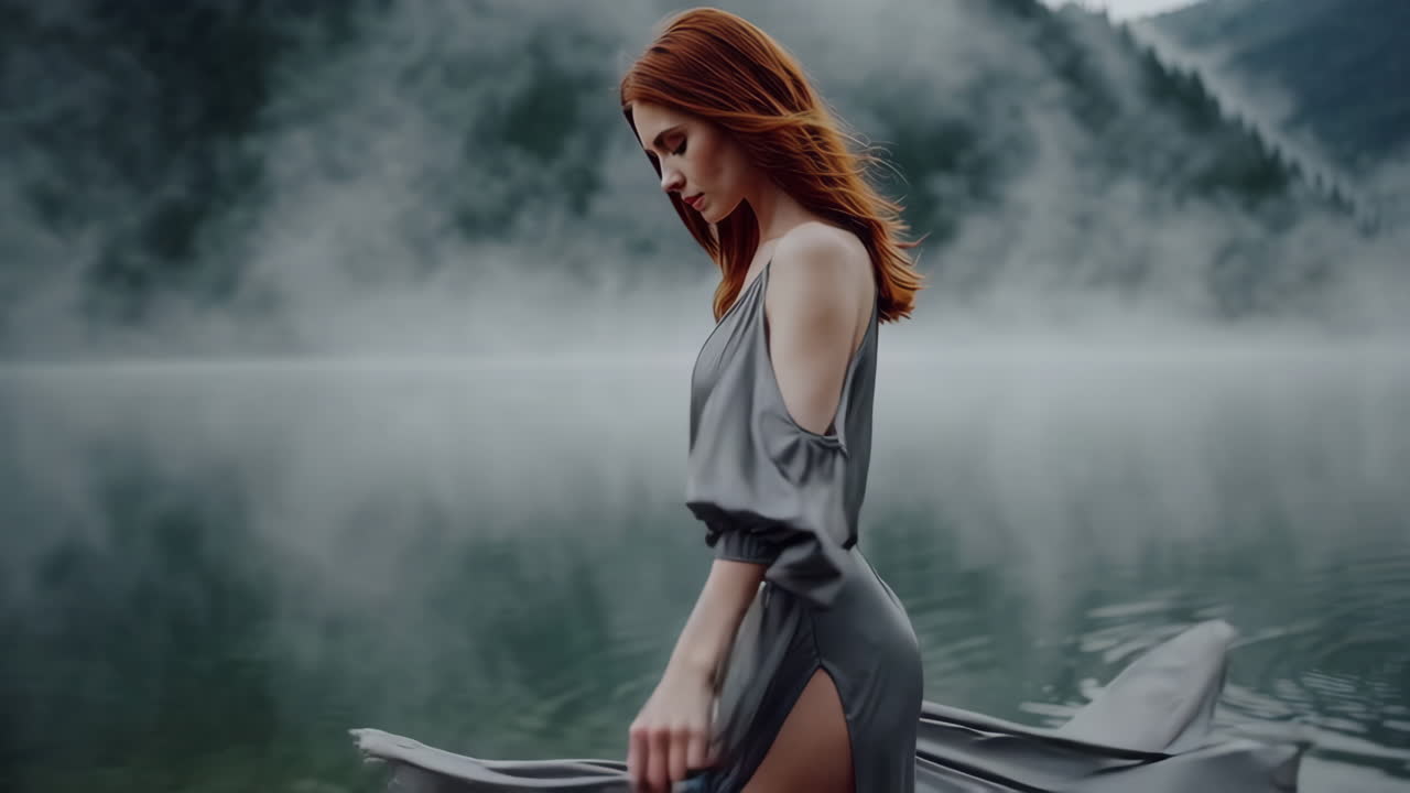 Woman in a Gray Dress by a Misty Lake