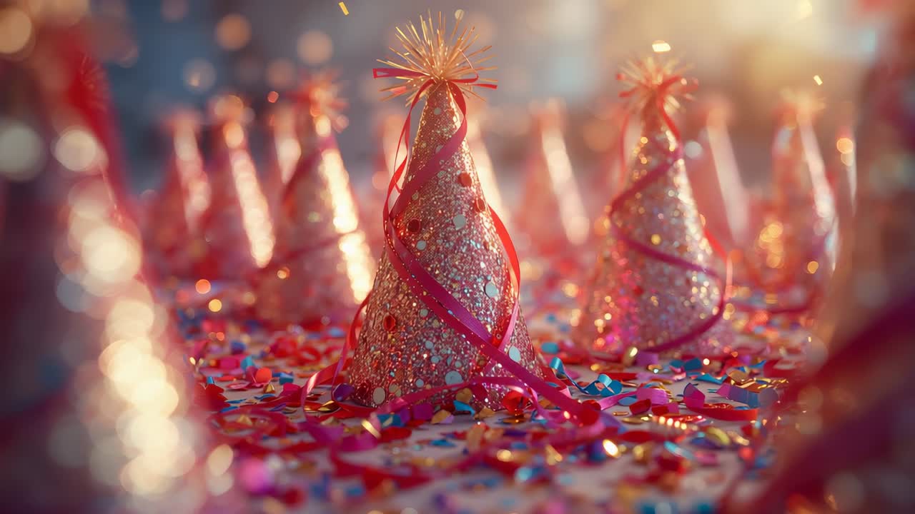 Moving camera shifting focus across confetti-covered table revealing glitter hat with ribbon-fringe
