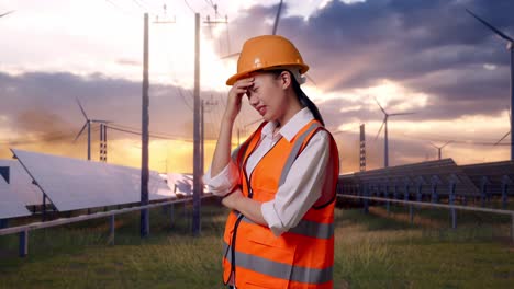 side view of asian female engineer with safety helmet having a headache while working with solar panel and wind turbines