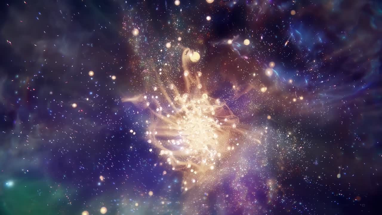Video cosmico astratto con una galassia vorticante di particelle dorate, ripreso da un'angolazione dall'alto