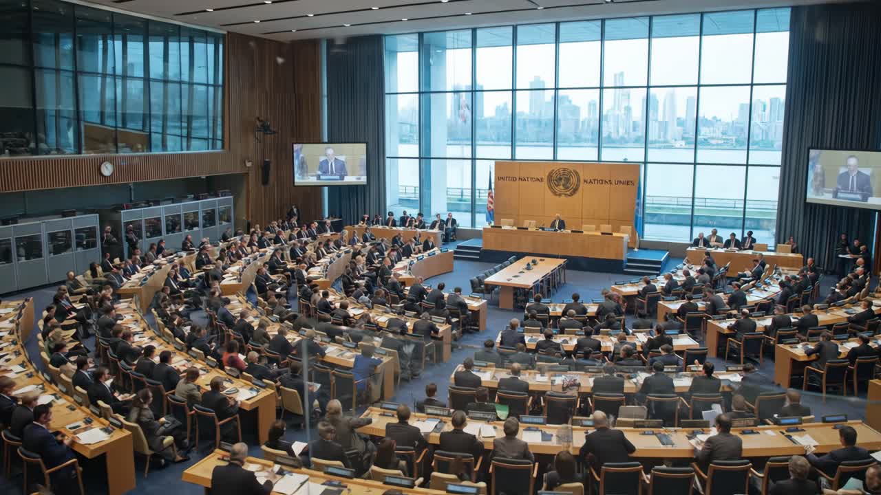 International Delegates Attending a Formal Conference at the United Nations Assembly Hall