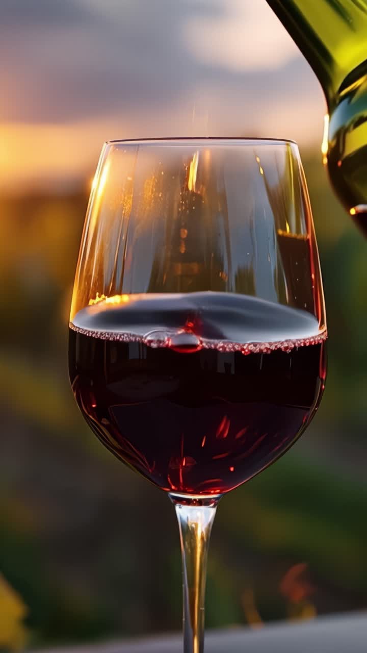 Boeiende momenten van rode wijn: Schenken en serveren in een prachtig glas tegen een schilderachtige achtergrond bij zonsondergang, waarbij rijkdom en elegantie worden benadrukt
