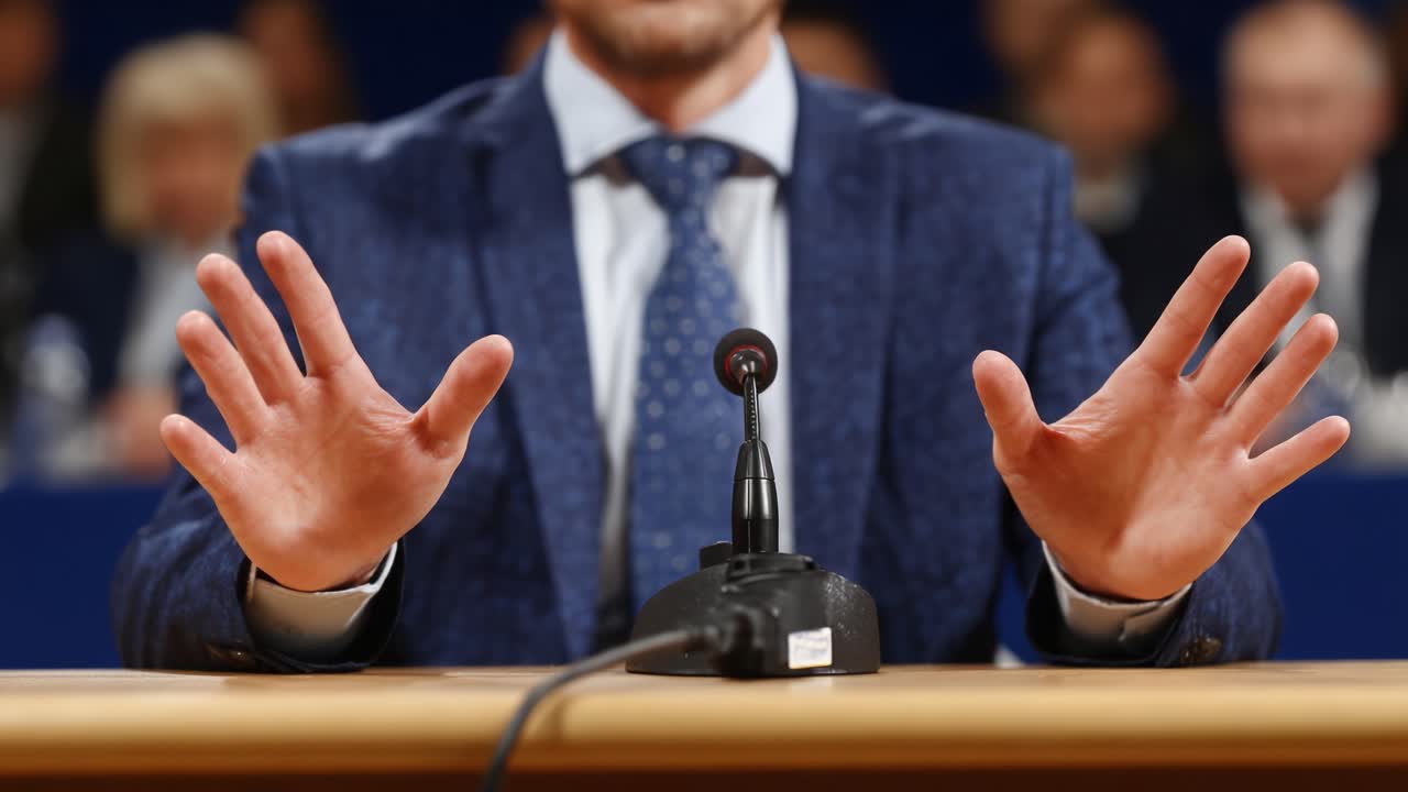 A Speaker Engages the Audience with Open Hands, Highlighting a Moment of Discussion and Transparency at a Formal Event