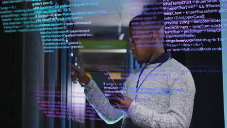 animación del procesamiento de datos sobre un ingeniero afroamericano usando una tableta digital en la sala del servidor