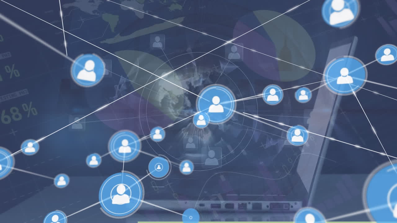 Animation of network of connections with digital icons and data processing on blue background