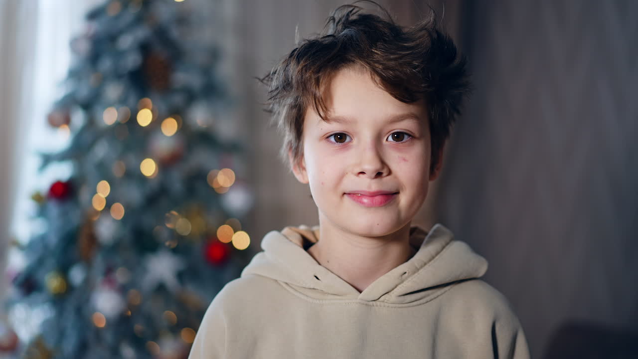 Boy Smiling in Front of Christmas Tree
