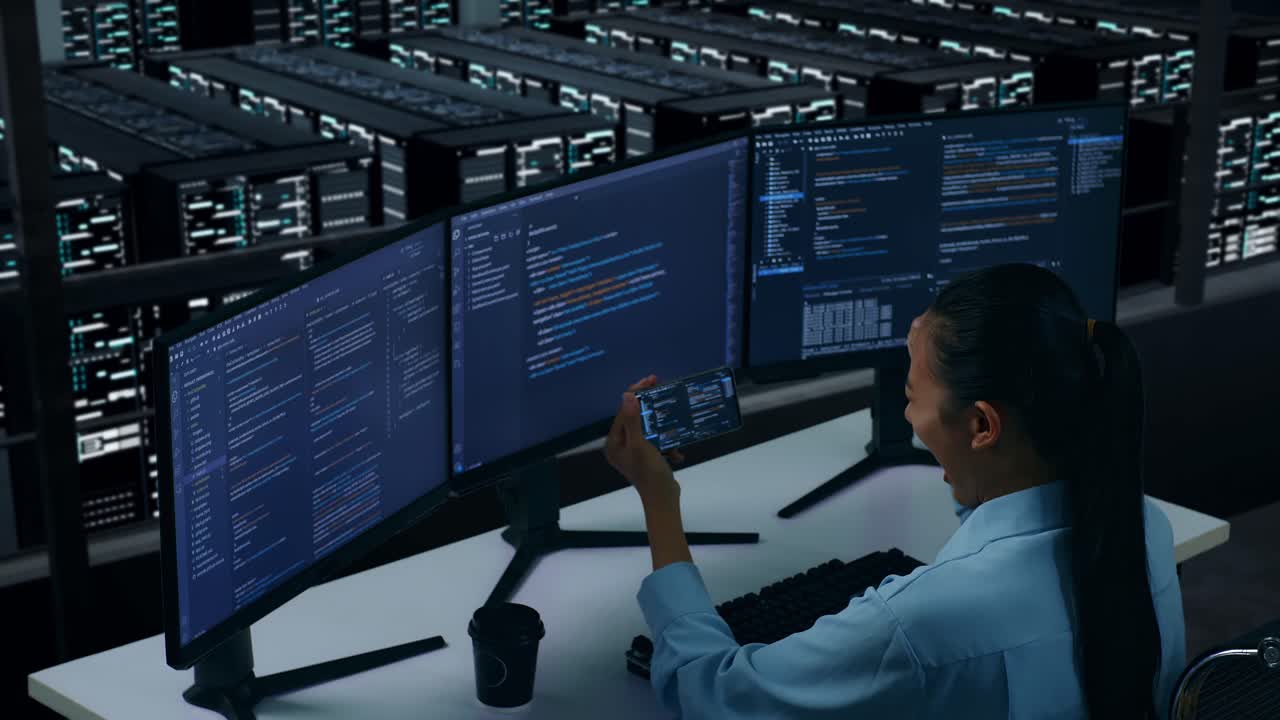 vista lateral de una desarrolladora asiática feliz mirando el código en un teléfono móvil mientras escribe código con múltiples pantallas de computadora en un centro de datos