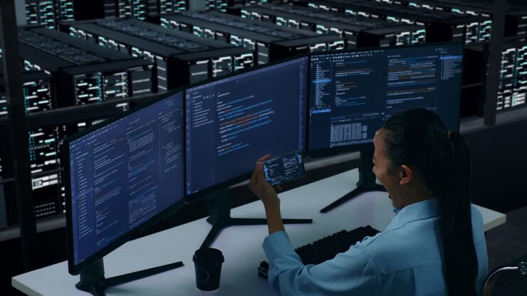 Side View Of Happy Asian Woman Developer Looking At Code On Mobile Phone While Write Code With Multiple Computer Screens In Data Center