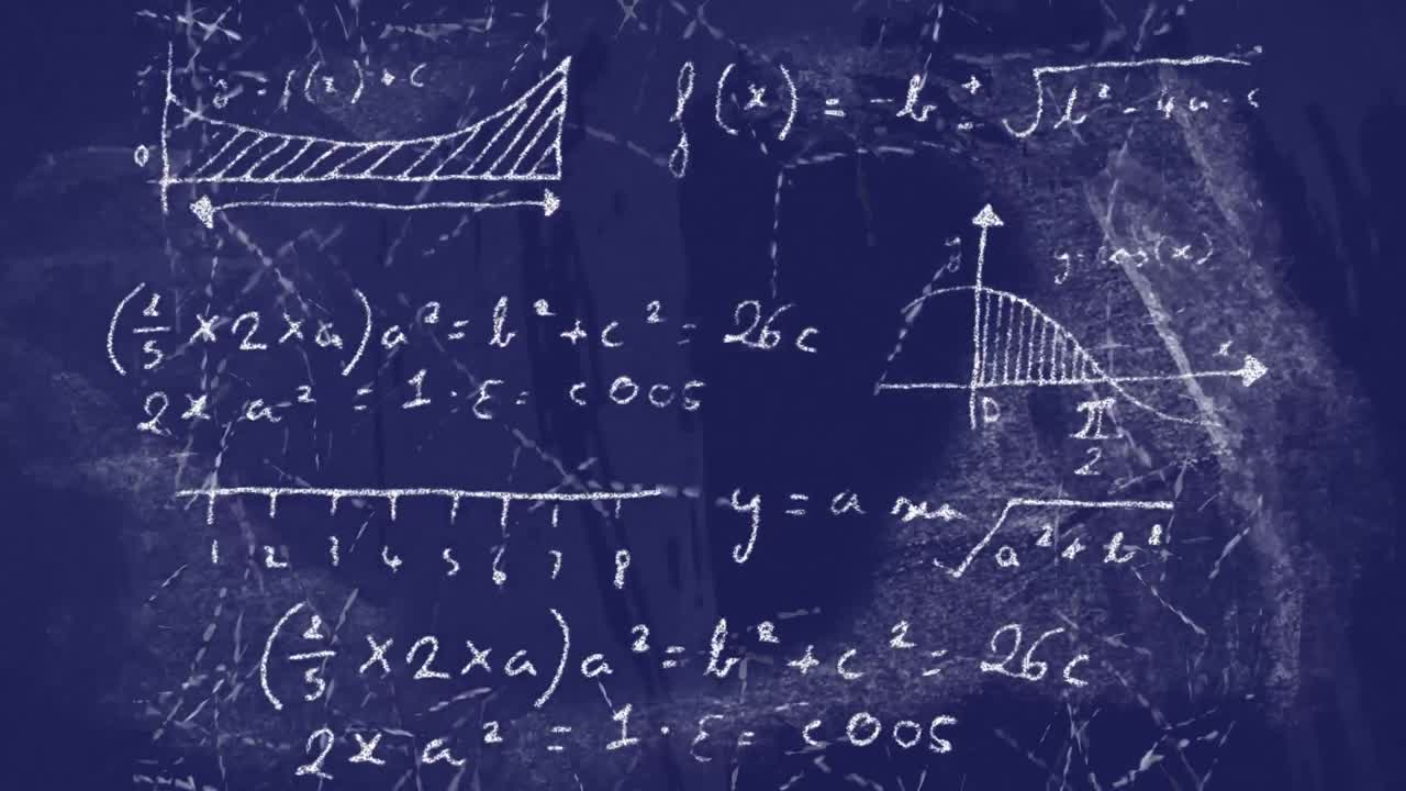 Animation of mathematical equations moving on purple background