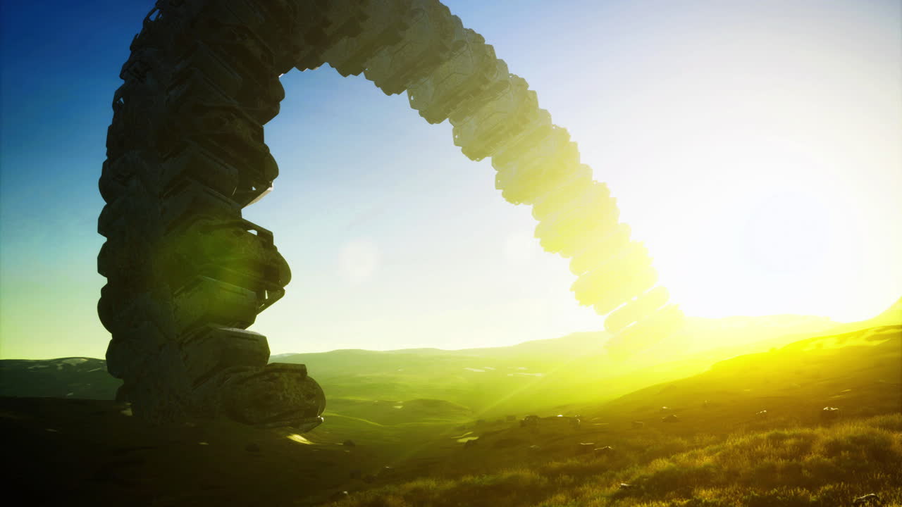 Mysterious alien ship arcs through the sunrise over a vast landscape