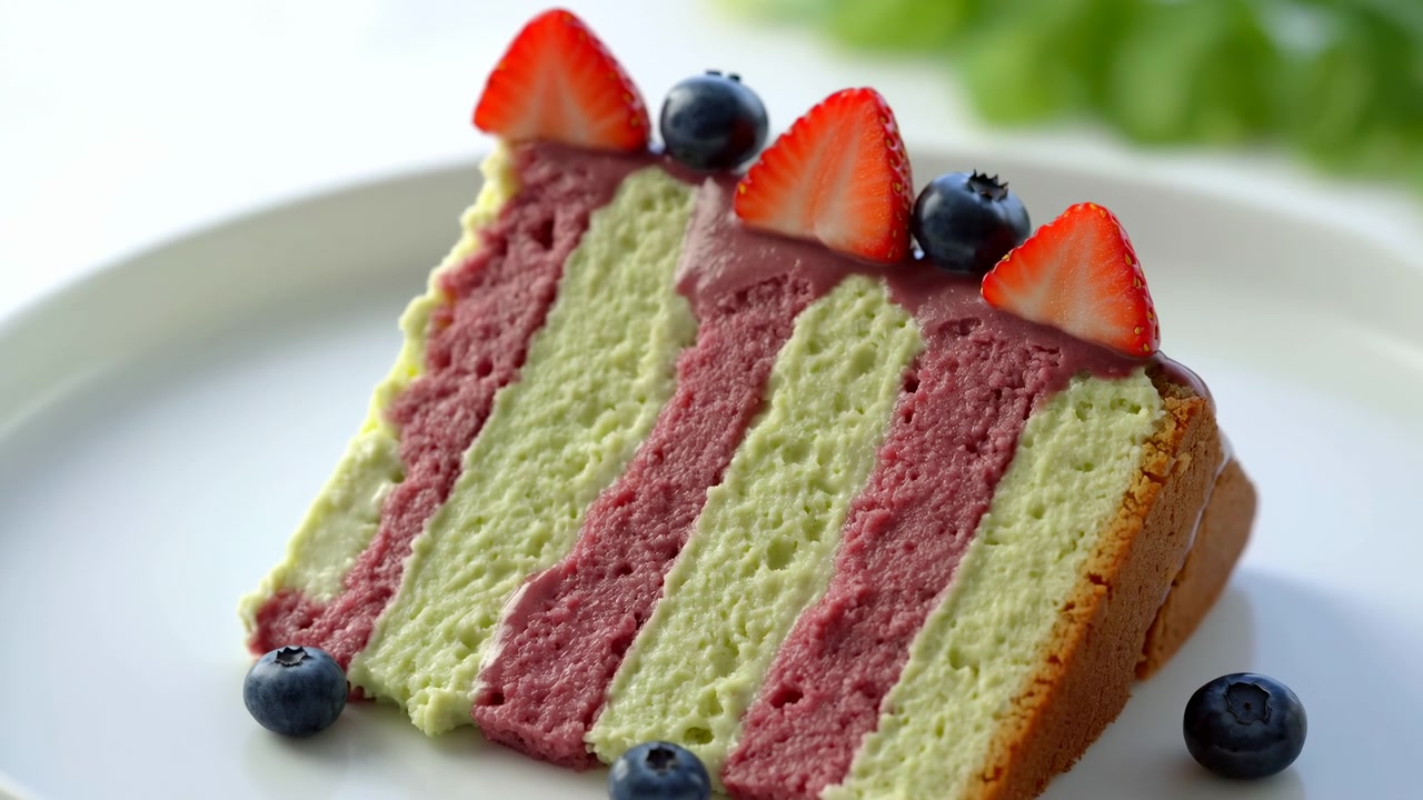 Una deliziosa fetta di torta a strati con fragole e mirtilli su un piatto bianco con sfondo verde, esposizione statica per fotografia culinaria e tutorial di pasticceria, con vista dall'alto