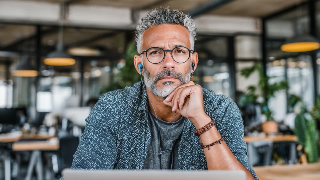 Thoughtful Man with Glasses and Earphones in Modern Office Setting, Engaging in Deep Reflection While Working at a Laptop Computer