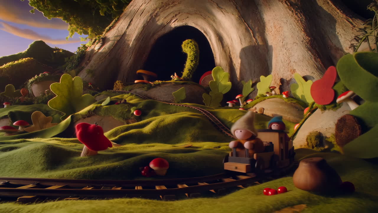 Whimsical Miniature Landscape with Toy Train and Gnomes